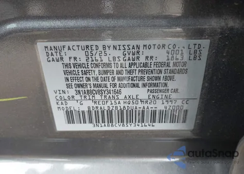2025 Nissan Sentra Sv from USA, damaged, VIN 3N1AB8CV8SY341646